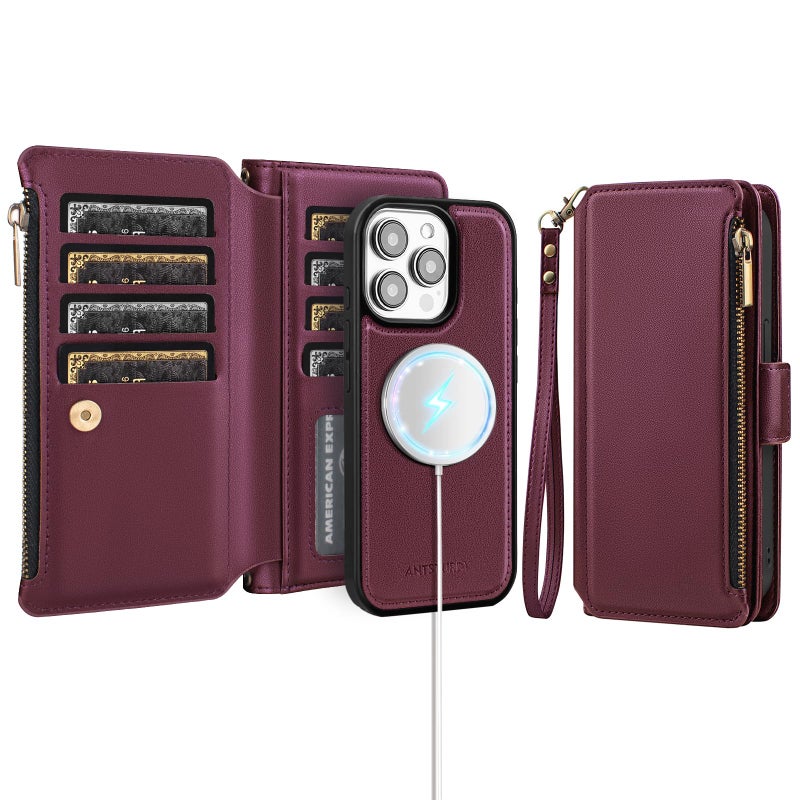 Antsturdy Compatible with Magsafe Magnetic 2 in 1 Detachable iPhone 15 Pro Max Wallet Case with Credit Card Holder Slots,PU Leather RFID Blocking Phone Cover Wrist Strap Zipper Women Men,Wine Red - Image 1