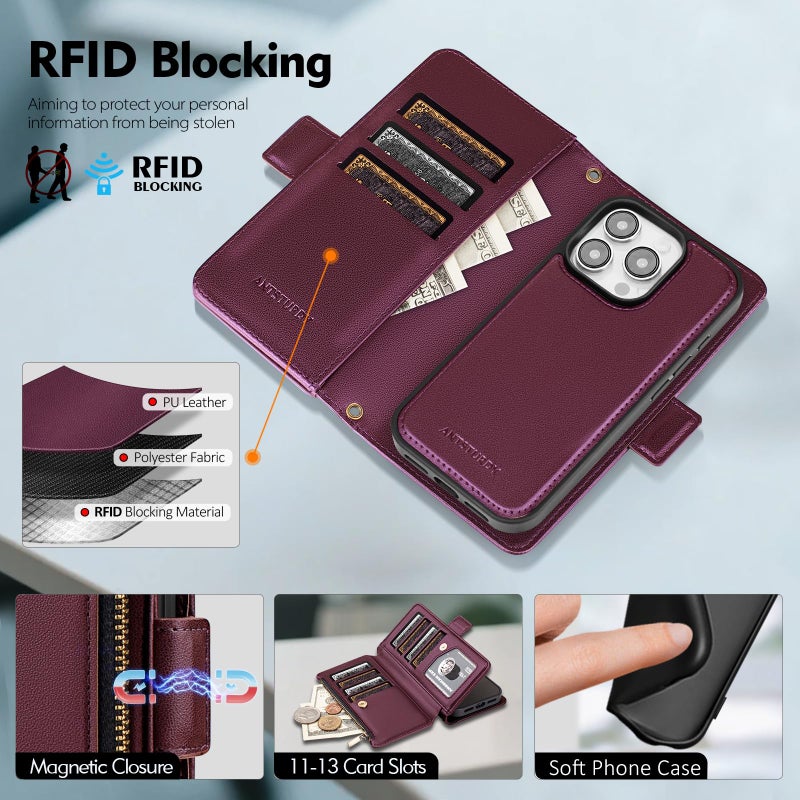 Antsturdy Compatible with Magsafe Magnetic 2 in 1 Detachable iPhone 15 Pro Max Wallet Case with Credit Card Holder Slots,PU Leather RFID Blocking Phone Cover Wrist Strap Zipper Women Men,Wine Red - Image 4