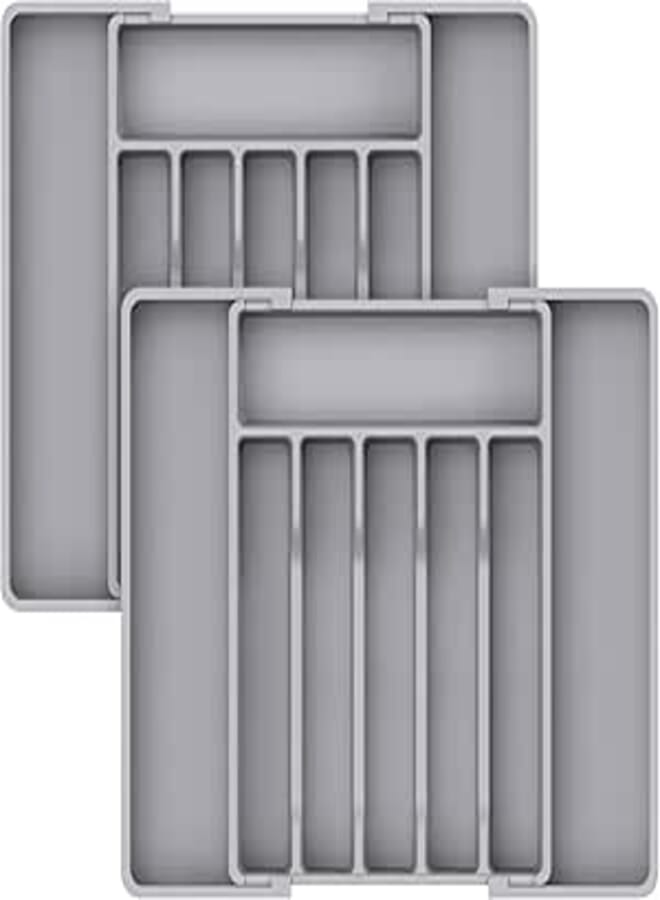 Lifewit Silverware Drawer Organizer, Expandable Utensil Tray for Kitchen, Adjustable Flatware and Cutlery Holder, Compact Plastic Storage for Spoons Forks Knives, 2 Pack, Grey