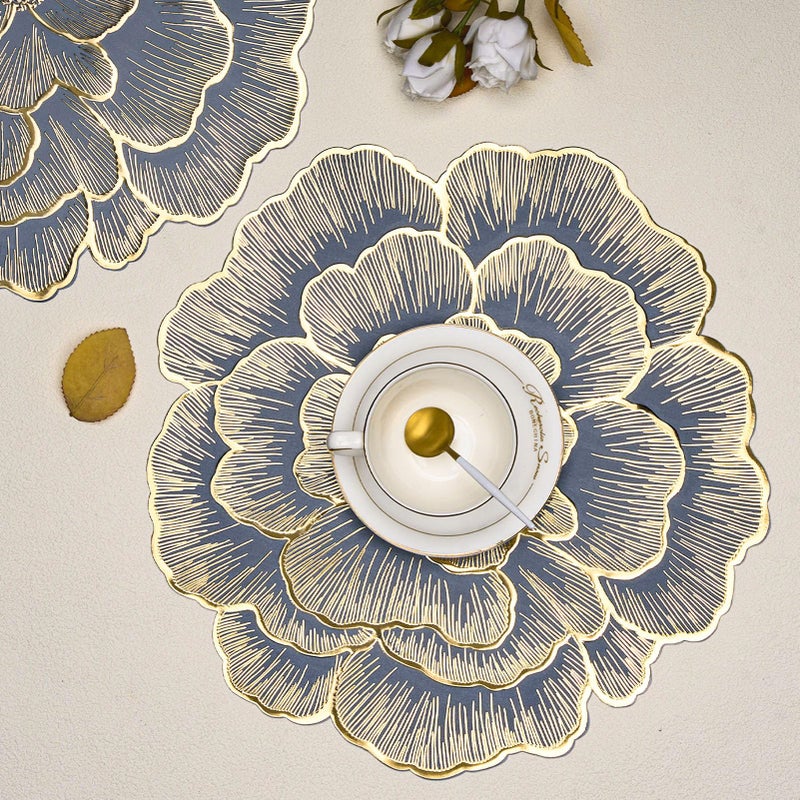 Evevda Gold Flower Placemats Set of 6 Pressed Vinyl Round Table Mats for Dining Table Centerpiece Decor Washable Waterproof Non Slip 15 Inch - Image 4