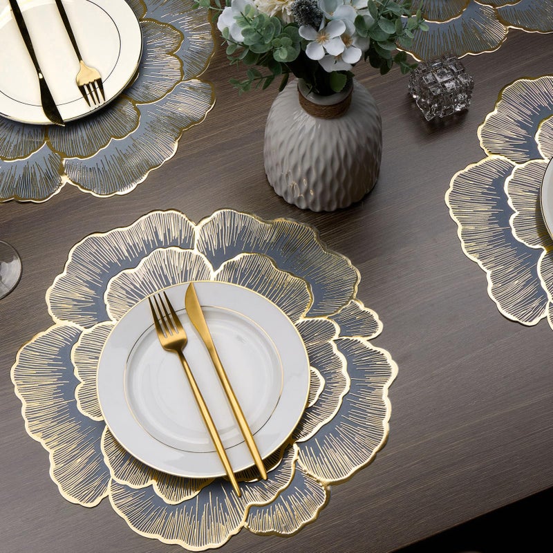 Evevda Gold Flower Placemats Set of 6 Pressed Vinyl Round Table Mats for Dining Table Centerpiece Decor Washable Waterproof Non Slip 15 Inch - Image 2