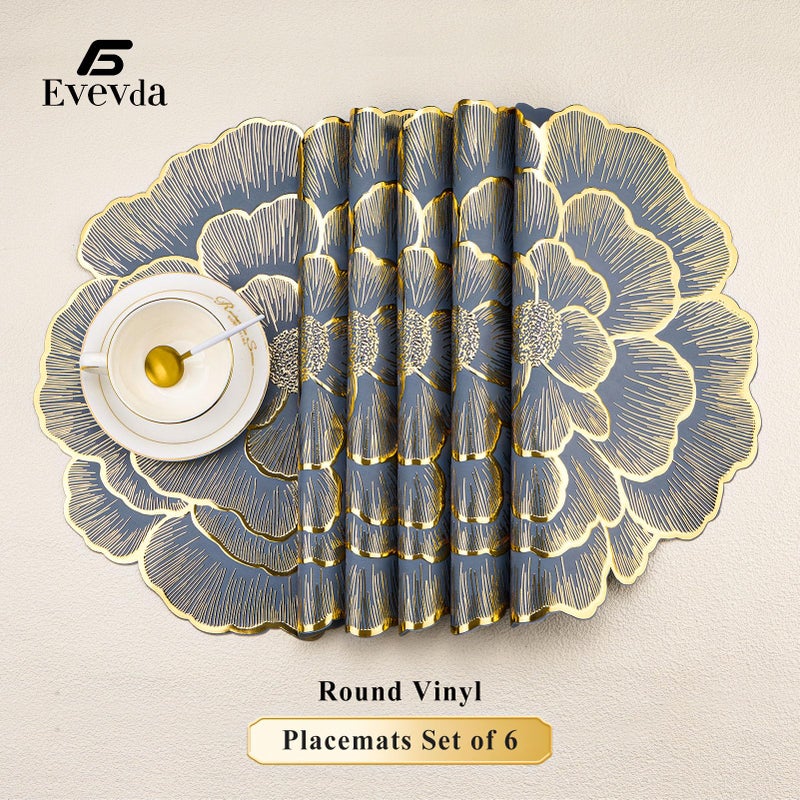Evevda Gold Flower Placemats Set of 6 Pressed Vinyl Round Table Mats for Dining Table Centerpiece Decor Washable Waterproof Non Slip 15 Inch - Image 5