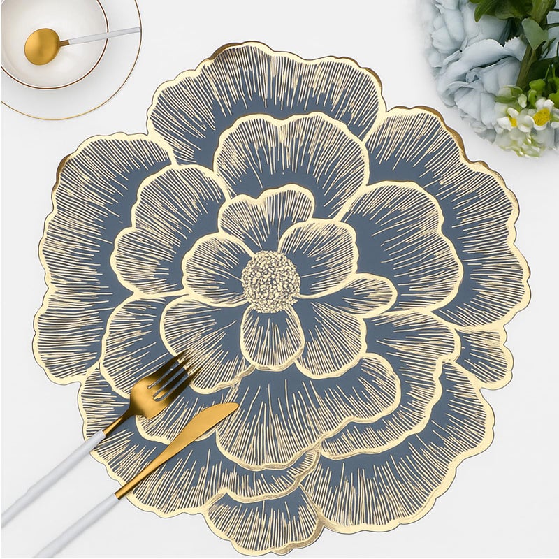 Evevda Gold Flower Placemats Set of 6 Pressed Vinyl Round Table Mats for Dining Table Centerpiece Decor Washable Waterproof Non Slip 15 Inch - Image 1