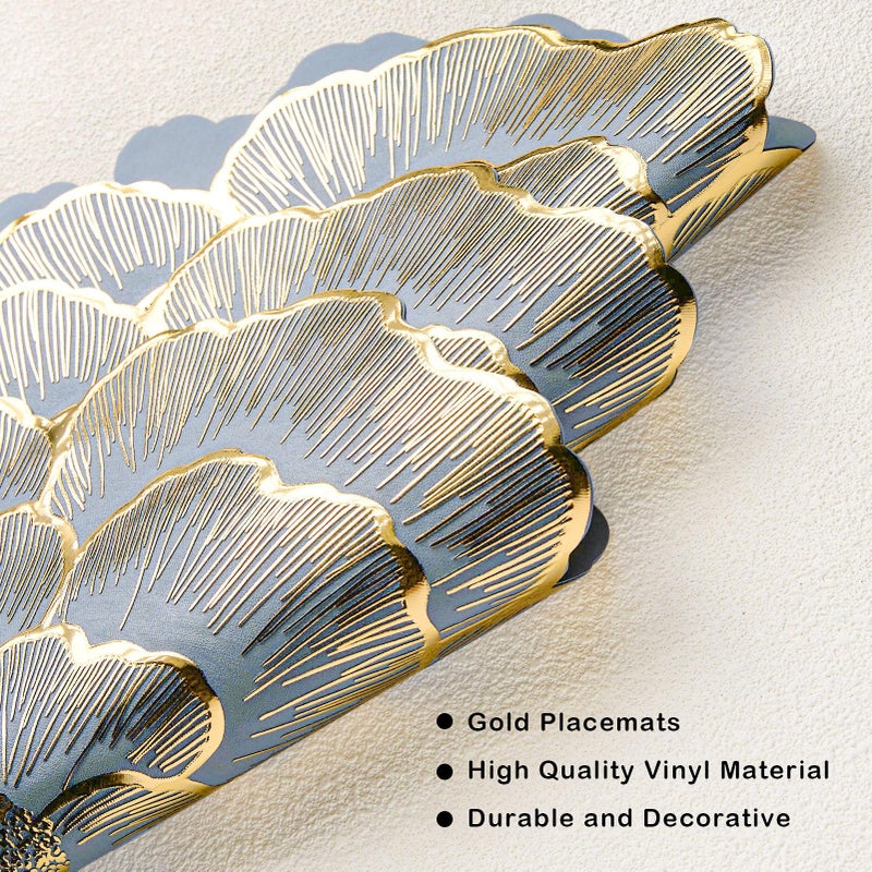 Evevda Gold Flower Placemats Set of 6 Pressed Vinyl Round Table Mats for Dining Table Centerpiece Decor Washable Waterproof Non Slip 15 Inch - Image 3