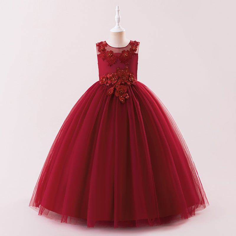 Cross-border Girls Dress Childrens Princess Dress Big Childrens Lace Wedding Dress Long Mesh dress Embroidered Long Dress LP-386-Bordeaux