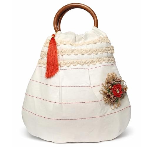 ATHZ Ivora Bloom Handcrafted Cotton Handbag for Women with Wooden Handle, Stylish Indo Fusion Day Bag, Lightweight Casual & Outing Purse with Tassel & Floral Detail (Off white, Red, Brown) - Image 1