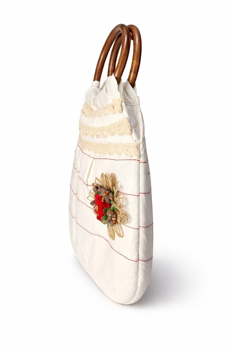 ATHZ Ivora Bloom Handcrafted Cotton Handbag for Women with Wooden Handle, Stylish Indo Fusion Day Bag, Lightweight Casual & Outing Purse with Tassel & Floral Detail (Off white, Red, Brown) - Image 5