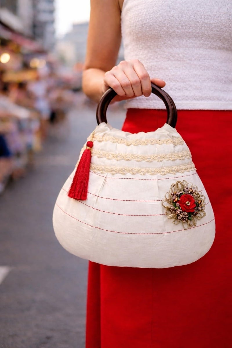 ATHZ Ivora Bloom Handcrafted Cotton Handbag for Women with Wooden Handle, Stylish Indo Fusion Day Bag, Lightweight Casual & Outing Purse with Tassel & Floral Detail (Off white, Red, Brown) - Image 2