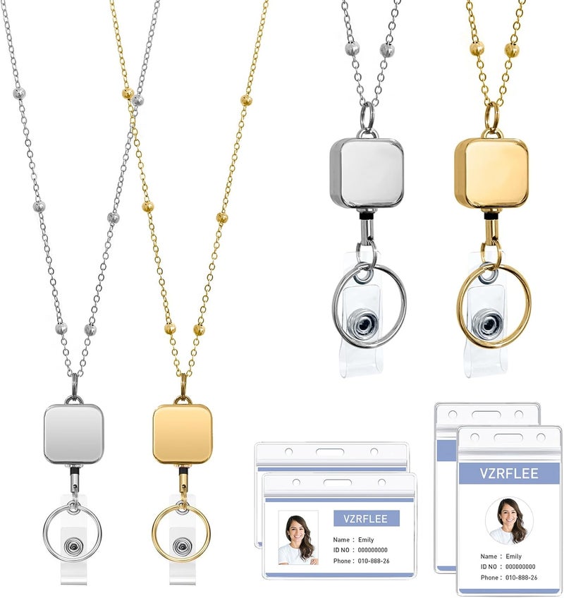 KASTWAVE Retractable Badge Reel Lanyard With Id Holders, 2 Piece Lanyards For Id Badges With 4 Badge Holders Beaded Chain Premium Stainless Steel Lanyard Necklace For Women - Image 1