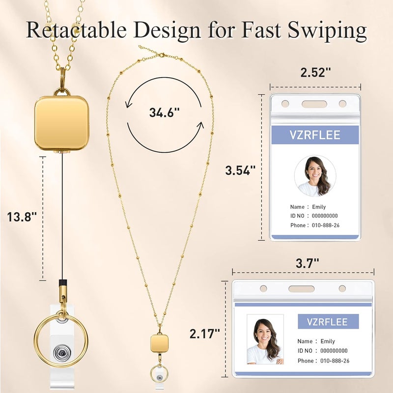 KASTWAVE Retractable Badge Reel Lanyard With Id Holders, 2 Piece Lanyards For Id Badges With 4 Badge Holders Beaded Chain Premium Stainless Steel Lanyard Necklace For Women - Image 4