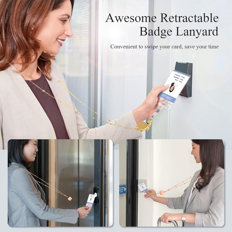 KASTWAVE Retractable Badge Reel Lanyard With Id Holders, 2 Piece Lanyards For Id Badges With 4 Badge Holders Beaded Chain Premium Stainless Steel Lanyard Necklace For Women - Image 3