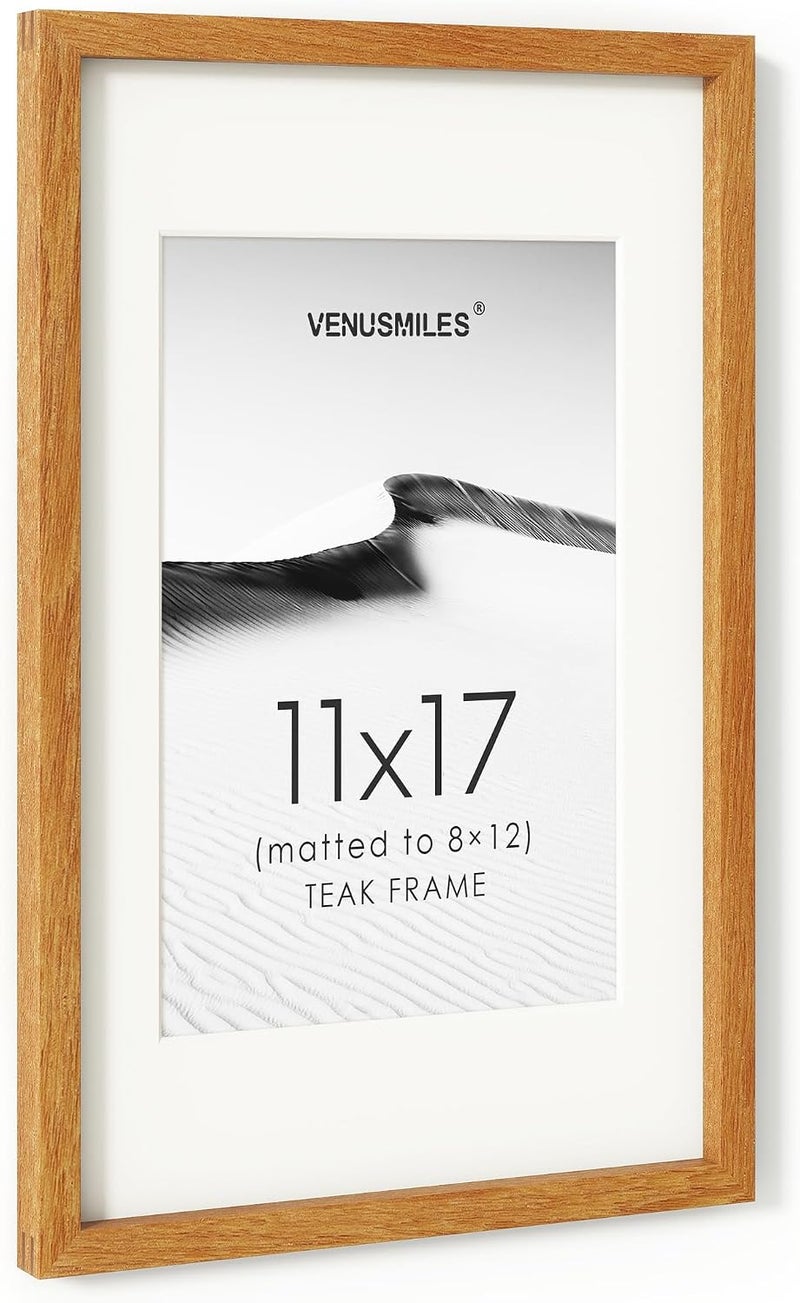 Venusmiles إطار صور 11x17 بوصة، خشب تيك طبيعي من الولايات المتحدة، إطار صور مجمّع مع زجاج مقسّى عالي الوضوح، إطار خشبي بسيط حديث 11x17 مع حافة داخلية مقاس 8x12، تعليق عمودي وأفقي على الحائط - Image 1