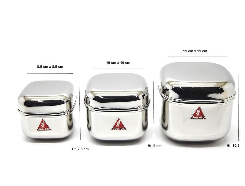 Jee Alto Steel Square Reliance Pot CanistersPuri DabbaStorage ContainersDabba Set Of 3 Pcs 300 Ml 475Ml 650Ml Stainless Steel Silver - Image 3