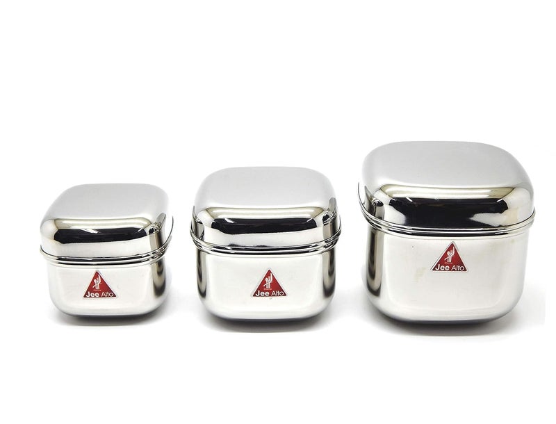 Jee Alto Steel Square Reliance Pot CanistersPuri DabbaStorage ContainersDabba Set Of 3 Pcs 300 Ml 475Ml 650Ml Stainless Steel Silver - Image 1
