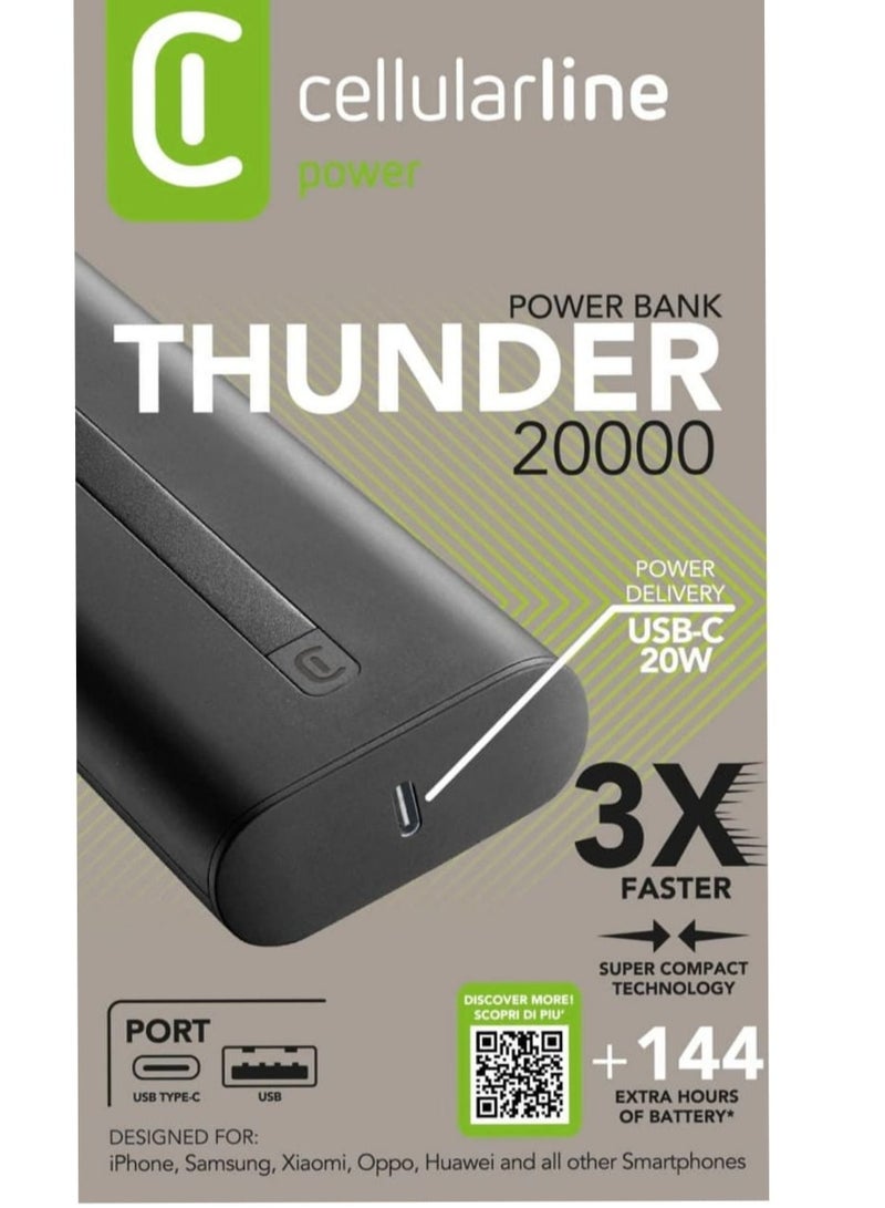 سيلولار لاين بنك الطاقة Cellularline Thunder بسعة 20000 مللي أمبير في الساعة. إنه شاحن بطارية محمول للأجهزة الإلكترونية مثل الهواتف الذكية والأجهزة اللوحية (BKLACK) - Image 3