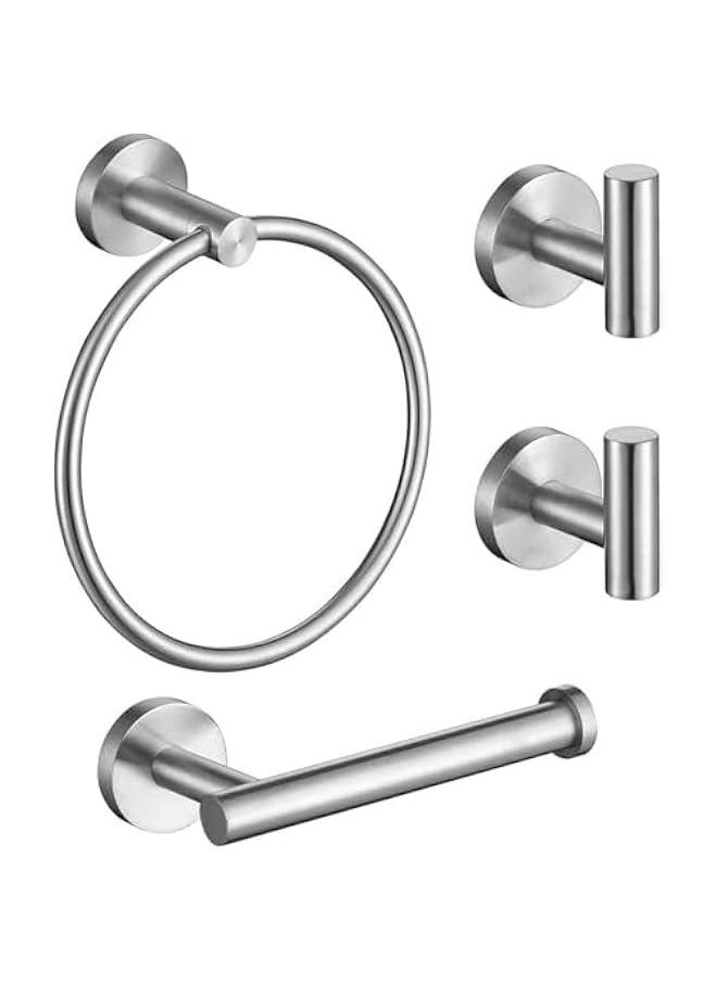 HOOKOR Durku Bathroom Hardware Set,4 Piece Stainless Steel Bathroom Hardware Set Include Hand Towel Ring, Toilet Paper Holder,and 2 Robe Towel Hooks,Bathroom Hardware Accessories Set (Silver)  - Image 1