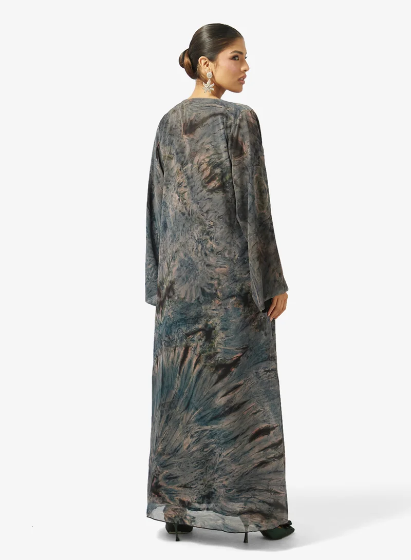 hayas closet Printed Open Front V Neck Abaya