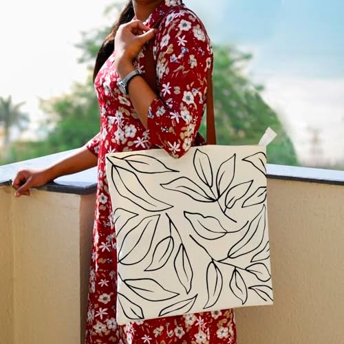 StyleMyWay Large Cotton Designer Canvas Tote Bag with Zip, Inner Pocket for Shopping, Office & Daily Use (Abstract Black & White) | College Bag for Girls | Travel & Beach Bag - Image 2