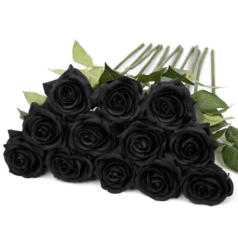IPOPU 12 Pcs Black Roses Artificial Flowers Black Party Decorations Fake Black Roses Silk Flowers Faux Roses Flowers Petal Floral for Home Wedding Party Shop Garden Bridal Decorations DIY Black