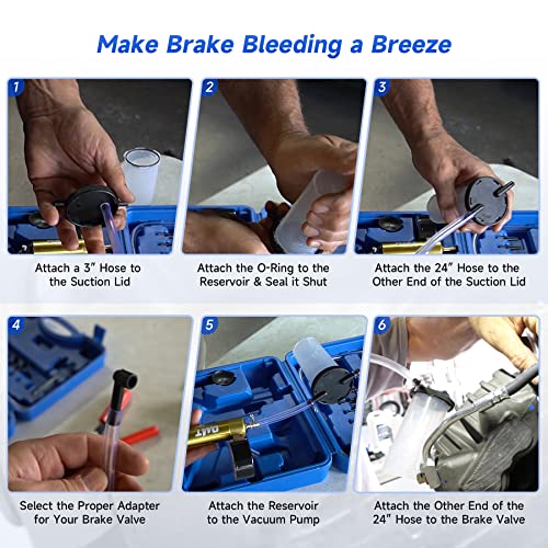 Orion Motor Tech 2 in 1 Brake Caliper Compression Tool & Brake Bleeder Kit, Handheld Vacuum Pump Brake Bleeder Tool Set, Disc Brake Pad Service Tool with Thrust Bolt Retaining Plates & 18 Adapters - Image 4