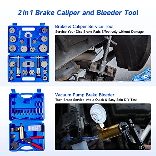 Orion Motor Tech 2 in 1 Brake Caliper Compression Tool & Brake Bleeder Kit, Handheld Vacuum Pump Brake Bleeder Tool Set, Disc Brake Pad Service Tool with Thrust Bolt Retaining Plates & 18 Adapters - Image 2