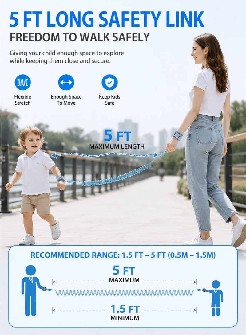 Yooyee Toddler Safety Harness Walking Leash, Anti Lost Wrist Link, Child Leash Secure Harness with Key Lock, Safety Wrist Leash for Kids Baby Boys and Girls 5 feet - Image 3