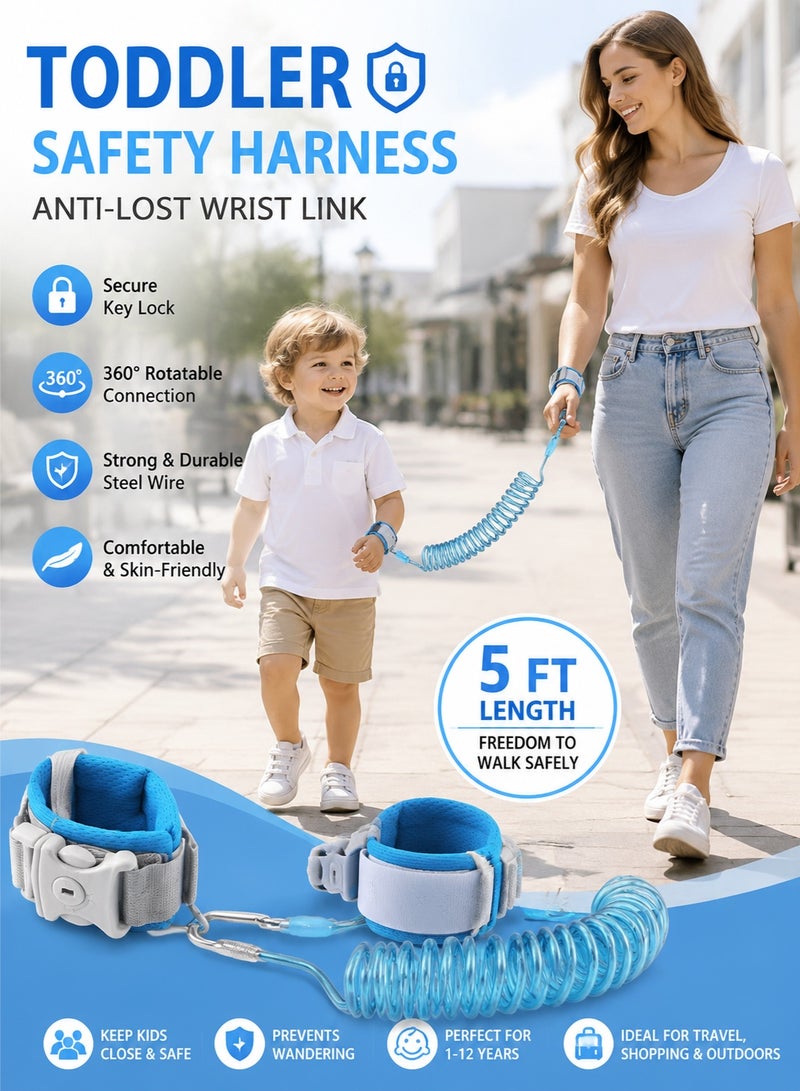 Yooyee Toddler Safety Harness Walking Leash, Anti Lost Wrist Link, Child Leash Secure Harness with Key Lock, Safety Wrist Leash for Kids Baby Boys and Girls 5 feet - Image 1