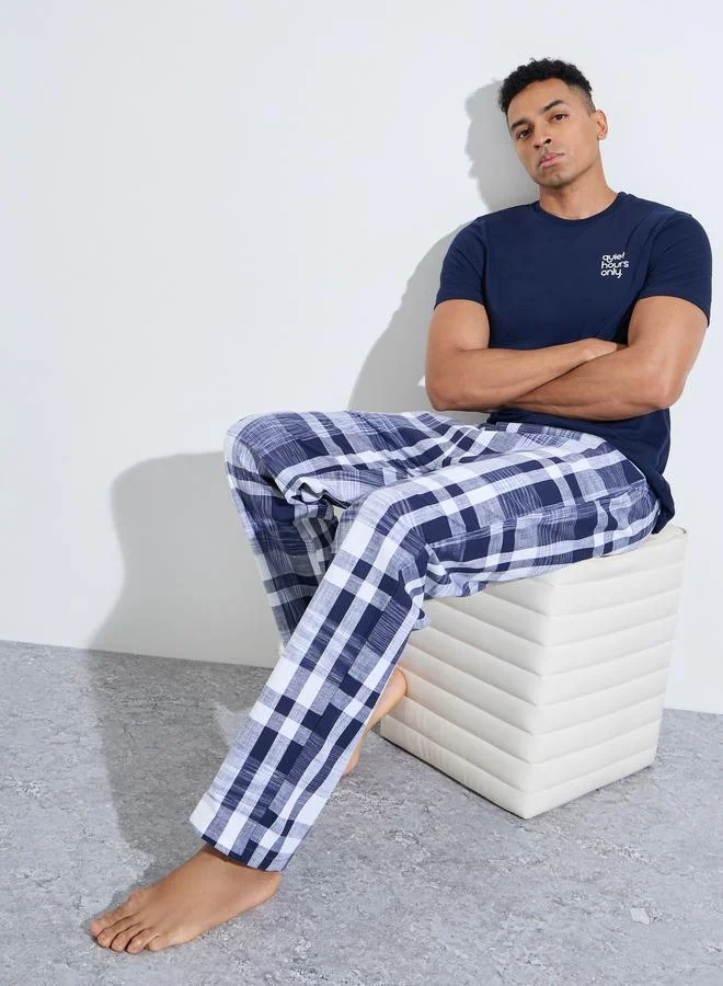 Navy Blue Printed T-Shirt And Checked Straight Leg Pants Pyjama Set