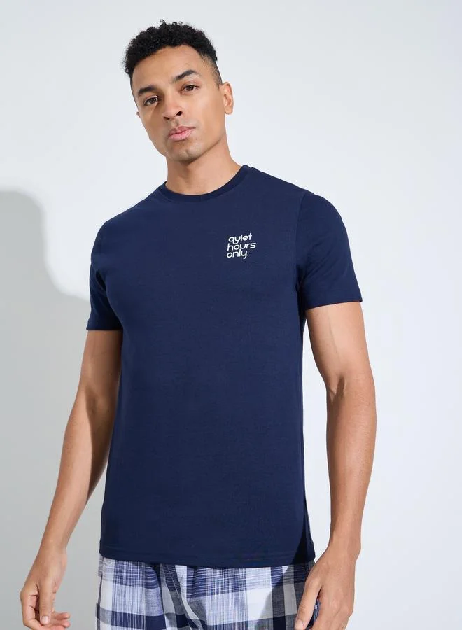 Styli Navy Blue Printed T-Shirt And Checked Straight Leg Pants Pyjama Set