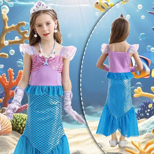 Luzlen Little Girls Mermaid Princess Costume Party Dress for Toddler Kids Baby Halloween Cosplay Dress Up with Accessories, Blue, 3-4 Years(Tag 110) - Image 3