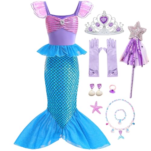 Luzlen Little Girls Mermaid Princess Costume Party Dress for Toddler Kids Baby Halloween Cosplay Dress Up with Accessories, Blue, 3-4 Years(Tag 110) - Image 1