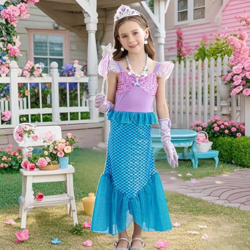 Luzlen Little Girls Mermaid Princess Costume Party Dress for Toddler Kids Baby Halloween Cosplay Dress Up with Accessories, Blue, 3-4 Years(Tag 110) - Image 4