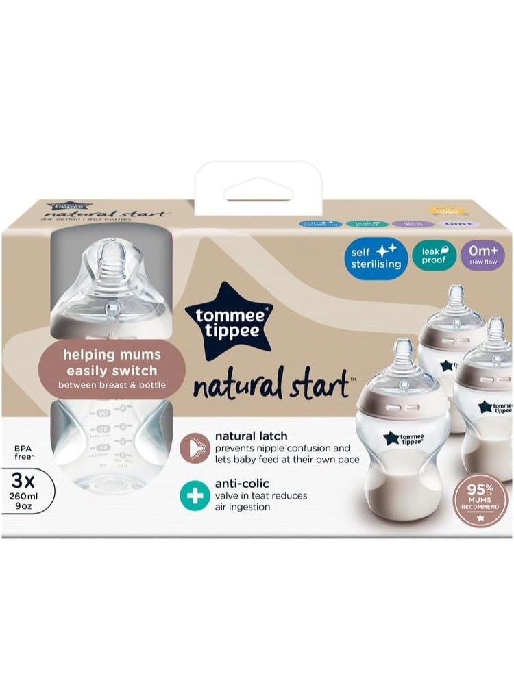 tommee tippee Natural Start Baby Feeding Bottles Slow Flow Breast Like Teats Anti Colic Valve Soft Silicone Nipple BPA Free 0M+ 3X260 ML - Image 2