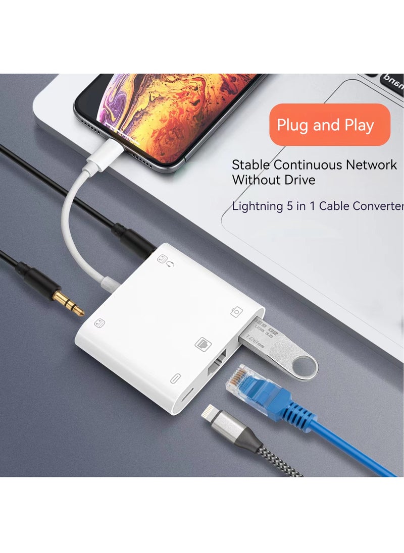 Generic - Lightning to Ethernet Adapter, 5 in 1 Lightning to RJ45 LAN Network and Charging Port, Lightning to 3.5mm Headphone Jack Audio Adapter,Compatible with iPhone/iPad/iPod - Image 1