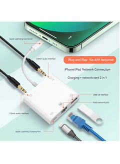 Lightning to Ethernet Adapter, 5 in 1 Lightning to RJ45 LAN Network and Charging Port, Lightning to 3.5mm Headphone Jack Audio Adapter,Compatible with iPhone/iPad/iPod