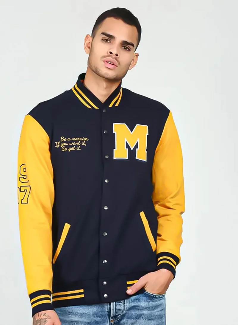Campus Sutra Campussutra Men's Navy Blue and Yellow Zip-Front Jacket With Contrast Striped Hem For Casual Wear | Low-High Neck | Long Sleeve | Zipper Closure | Cotton Jacket Crafted With Comfort Fit For Everyday Wear