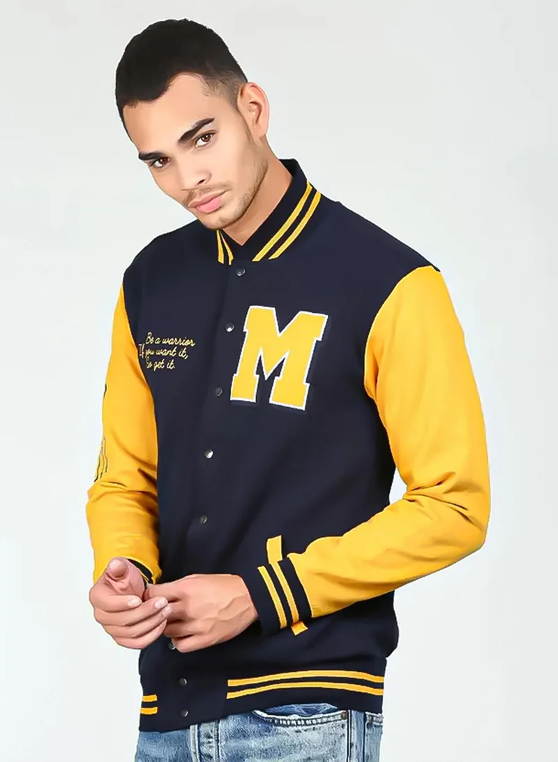 Campus Sutra Campussutra Men's Navy Blue and Yellow Zip-Front Jacket With Contrast Striped Hem For Casual Wear | Low-High Neck | Long Sleeve | Zipper Closure | Cotton Jacket Crafted With Comfort Fit For Everyday Wear