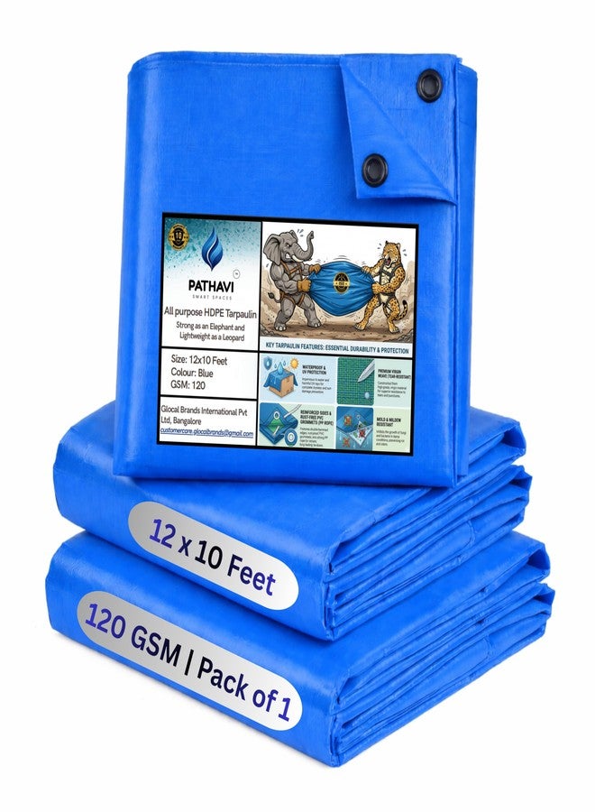 Pathavi Premium 12x10ft Blue Tarpaulin, Thadika, 120 GSM Virgin Tharpai Sheet, Heavy Duty Waterproof Tadpatri Cover with Reinforced Eyelets & UV Protection, Ideal for Trucks, Farms & Home Use, 1 Sheet - Image 1