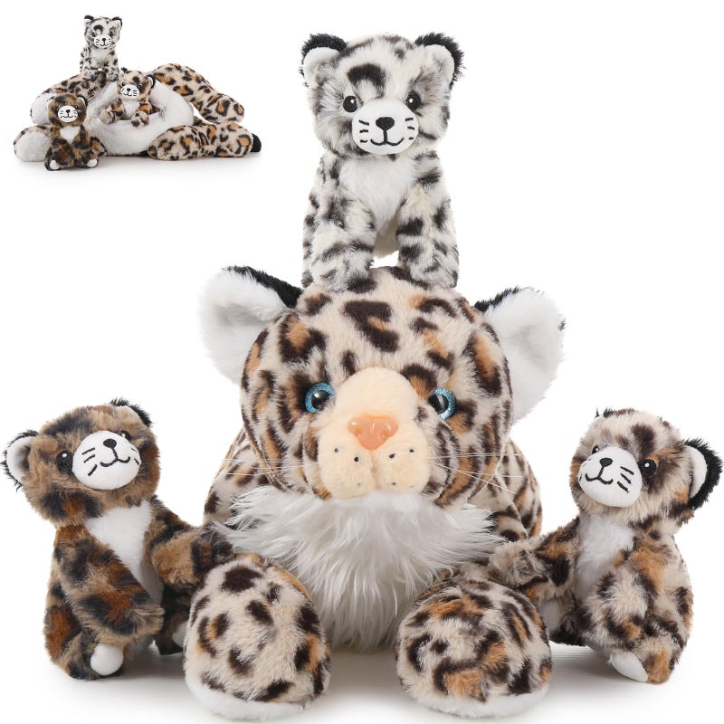 MaoGoLan Cheetah Stuffed Animals with Babies,4 Pcs Leopard Stuffed Animal for Girls,Mama and Baby Cheetah Plush,Leaopard Plush with 3 Cubs for Kids Birthday Gift - Image 1