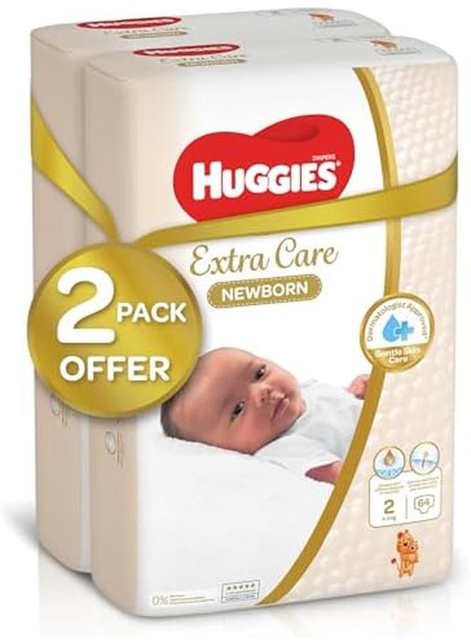 HUGGIES Extra Care Newborn Size 2 4 6 Kg Twin Jumbo Pack 128 Diapers - Image 2