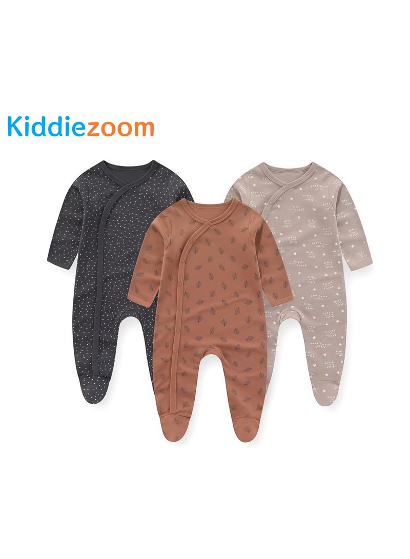 Kiddiezoom 3-Piece Baby Long-Sleeved Onesie Set, 100% Cotton Printed Zipper Onesie, Soft and Breathable, Suitable for Newborns and Toddlers (0-12 Months) - Image 1