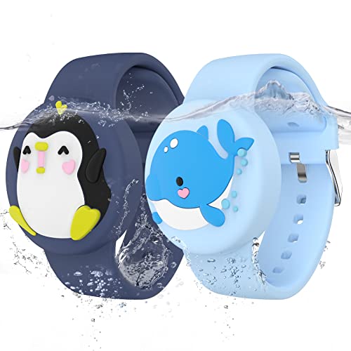 typecase Waterproof Air tag Bracelets For Kids (2 Pack) - Soft Silicone Hidden Air tag Wristband - Lightweight GPS Tracker Holder Compatible with Apple Airtag Watch Band For Child (Penguin & Whale) - Image 1