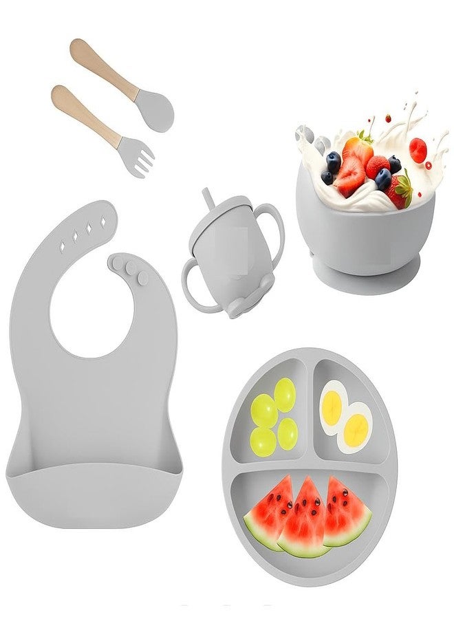 Edtepy 6PCS Silicone Baby Feeding Set - Suction Bowl, Divided Plate, Bib, Spoon, Fork & Sippy Cup | BPA-Free, Food-Grade | Self-Feeding Utensils for Toddlers 6+ Months - Dishwasher Safe (Grey) - Image 1