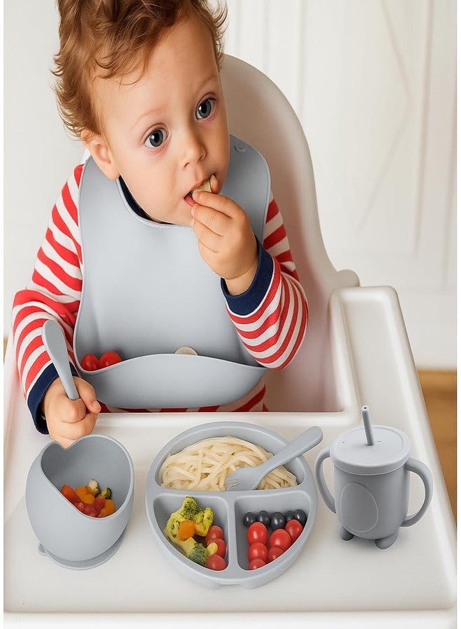 Edtepy 6PCS Silicone Baby Feeding Set - Suction Bowl, Divided Plate, Bib, Spoon, Fork & Sippy Cup | BPA-Free, Food-Grade | Self-Feeding Utensils for Toddlers 6+ Months - Dishwasher Safe (Grey) - Image 3