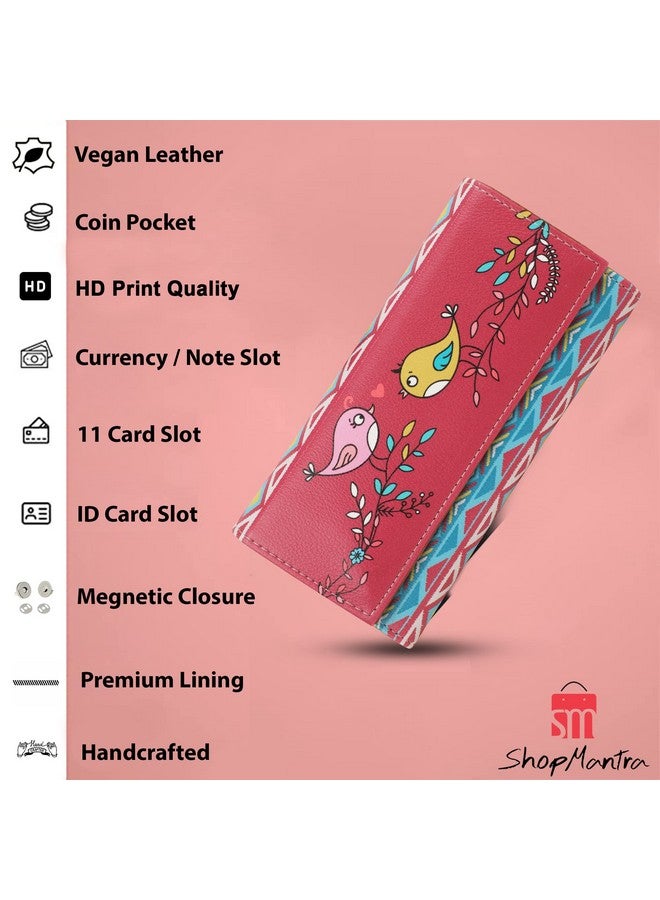 ShopMantra محفظة شوب مانترا للنساء | تصميم طائر أحمر متعدد الألوان | كلتش طويل من الجلد الصناعي مزخرف | كلتش ثلاثي الطيات أنيق وجميل مع فتحات بطاقات وجيب للعملات - Image 2