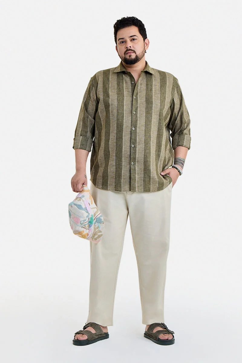 سنيتش Green Striped Long Sleeve Regular Fit Plus Size Shirt