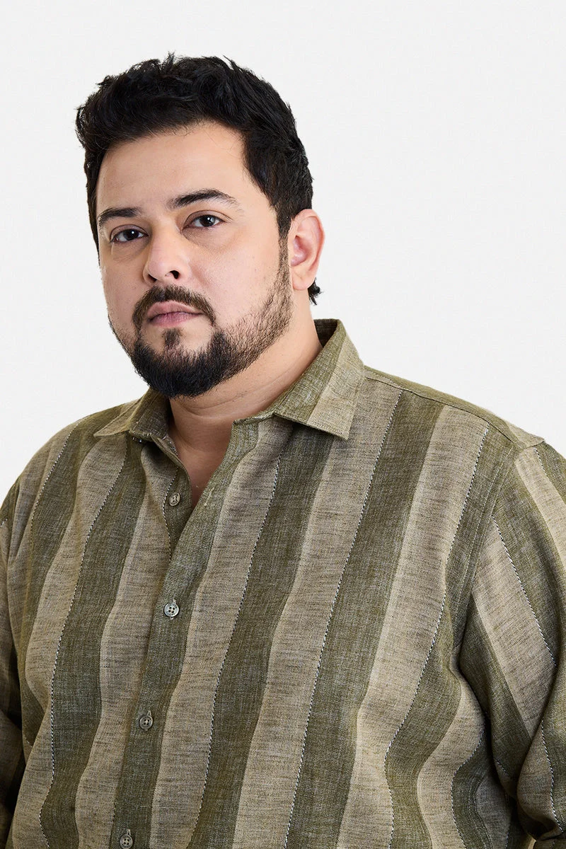 Snitch Green Green Striped Long Sleeve Regular Fit Plus Size Shirt for Men | Best Price UAE