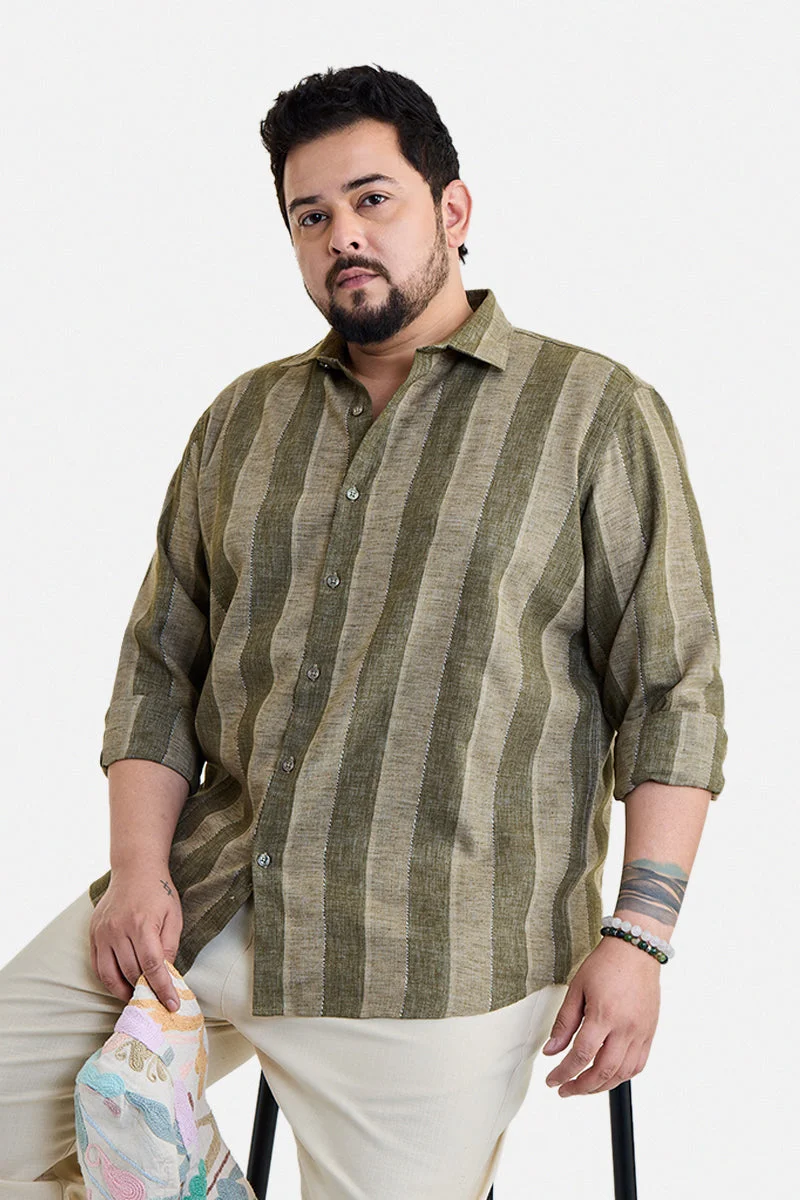 سنيتش Green Striped Long Sleeve Regular Fit Plus Size Shirt