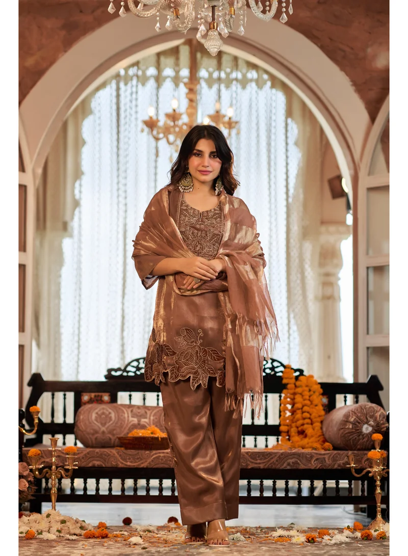 Priya’s Panache Premium Gold Brown Tissue Satin 3-Piece Suit Set for Women with Floral Embroidery & Zari Stripe Dupatta | Straight Kurta with 3/4 Sleeves & Matching Pants | Indian Ethnic Wear | Kurti Set | Festive & Wedding Wear