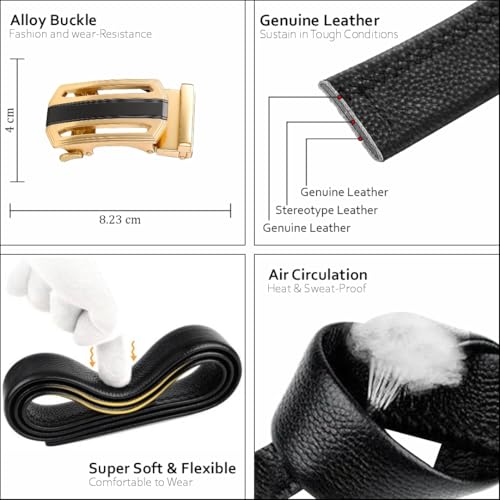 TUSHI Men's Leather Belts Formal Automatic Auto-lock Buckle – Stylish, Durable, No-hole Design, Fits Waist Sizes 26-44 Inches, Perfect For Casual & Formal Wear, Gift For Him (Black) (Black-Gold-2) - Image 5